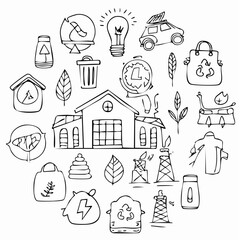 Vector set of simple ecology doodles. Alternative energy, nature protection, water and air pollution, trash recycle, green technology illustrated in child sketch style. Cute outline eco ...