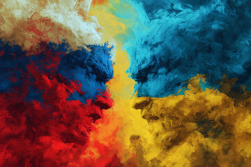 A painting of two men with red, yellow and blue colors