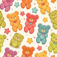 Seamless vector pattern with colorful y2k lollipop bears. 90s 00s cute accessory. Vintage jewellery background. Funky bijouterie texture