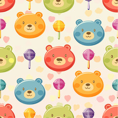 Seamless vector pattern with colorful y2k lollipop bears. 90s 00s cute accessory. Vintage jewellery background. Funky bijouterie texture