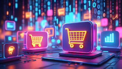 A vector illustration of an online shopping cart icon on a computer, symbolizing e-commerce and retail sales