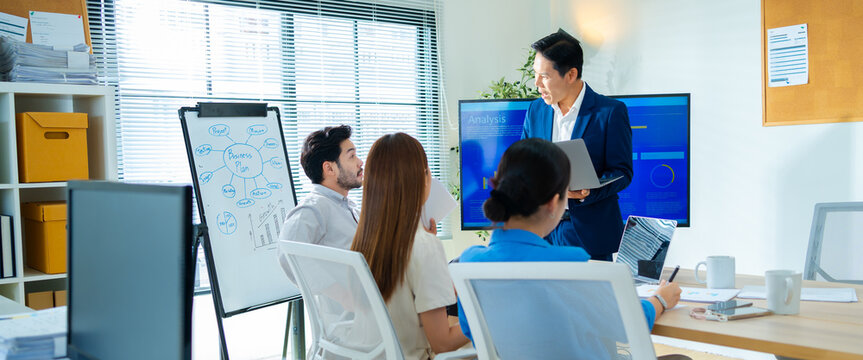 Group of creative Businesspeople brain storm meeting presentation,discussing roadmap to product launch, planning,strategy,dashboard,new business development,working with new startup project in office