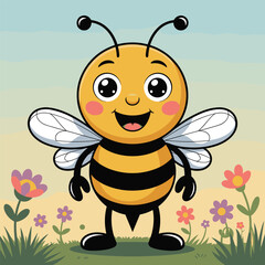 Obraz premium Cute cartoon bee smiling happily in a field of flowers