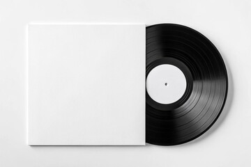 Vinyl record with blank white cover mockup. Front-facing view of classic black vinyl partially inside a plain sleeve, isolated on white background. Ideal for music branding and design.