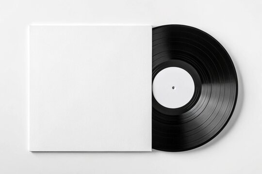 Vinyl record with blank white cover mockup. Front-facing view of classic black vinyl partially inside a plain sleeve, isolated on white background. Ideal for music branding and design.