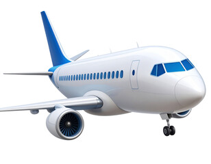 Fototapeta premium Cute 3D Cartoon White Airplane with Blue Portholes and Wings Flying Icon Isolated PNG