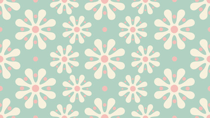 Floral pattern with white flowers and pink accents on a pale blue background forming a seamless repeat design