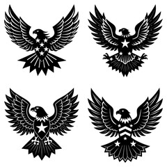 Fototapeta premium Four stylized black and white eagles with stars and spread wings on a white background image art