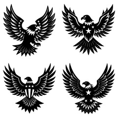 Fototapeta premium Four black and white eagle illustrations with wings spread and star and stripe details in various poses