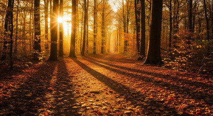 Autumn Forest Trail with Golden Sunlight