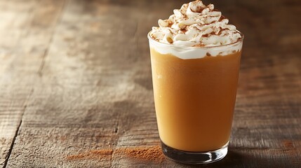A cold glass of spiced chai frappé, topped with whipped cream and cinnamon, with an empty space for text