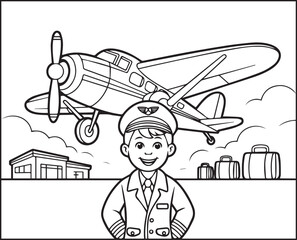Pilot boy in front of airplane in airport background black line art vector illustration simple and easy coloring page for kids