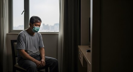 Sad Senior Man Wearing Blue Mask Sitting Near Window in Apartment