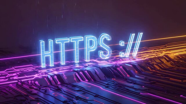 Neon https sign above a circuit board with purple and orange light trails in a dark background. Futuristic https signage. Neon lights on circuit board. Technology concept design