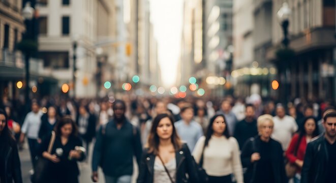Blurred Crowd of Diverse People Walking on City Street During Daytime