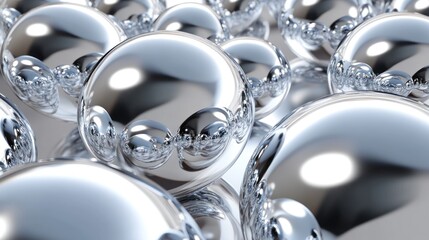 Close-up of many reflective chrome spheres, creating an abstract pattern.