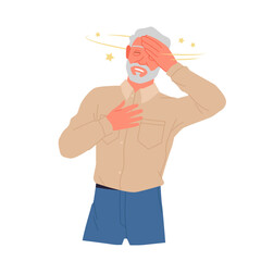 Elderly sick man with vertiginous stars flying around head in chaos feeling dizzy and malaise, discomfort, health trouble. Old character with vertigo and unsteady balance cartoon vector illustration
