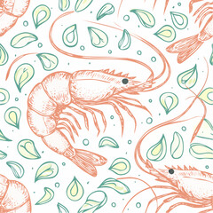 Hand drawn shrimp illustration. Doodle drawing of sea food. Line art sketch of sea animal. Vector scribble