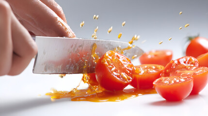 First-person view of hands holding a chef? knife slicing tomatoes, juice droplets visible, isolated on white background,