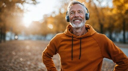 Happy senior man in orange hoodie listening to music with headphones outdoors during autumn morning workout.
