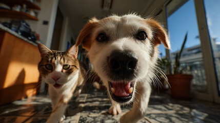Dog and cat photobomb the camera