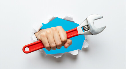 Hand Holding Wrench Emerging from Torn Paper – Symbol of Repair, Maintenance & Industrial Strength