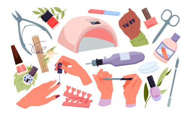 Manicure tools, cosmetics in beauty salon set. Female hands paint fingernail with brush and polish with file, nail care collection of tweezers and cuticle remover, UV lamp