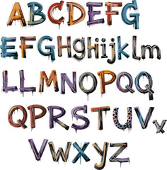 Create a kinds of deferent Sprayed Latin ABC vector art with white background.