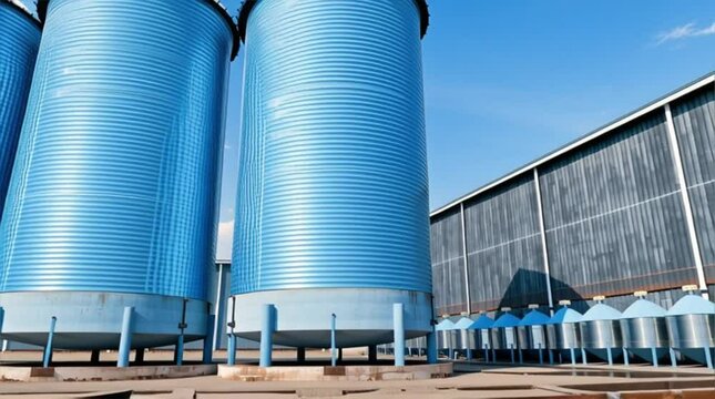 Blue industrial storage tanks and factory building under a bright sky