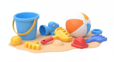 Colorful kids beach toys on sand pile
