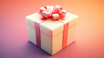 Obraz premium Cream gift box with pink ribbon and bow on orange background.