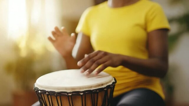 Person playing a drum with hands creating rhythmic sounds during a bright day