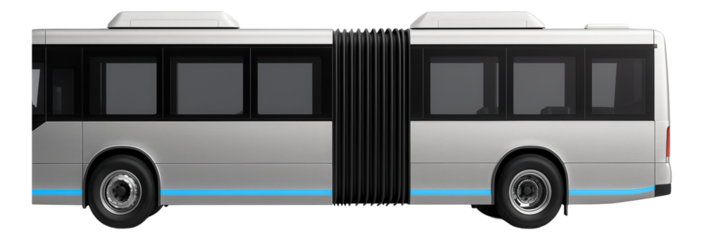 Articulated city bus with central flexible connector and roof-mounted air conditioning