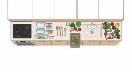 Zero waste kitchen vector: reusable containers, bamboo tools, compost bin, fresh produce. Top-down view. Earth tone palette, minimalist lines, clean design