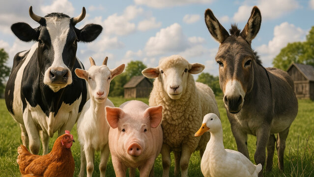 Farm animals together in field