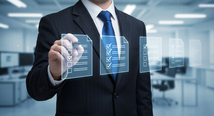 Businessman Using Digital Checklist Interface – Task Management and Workflow Concept