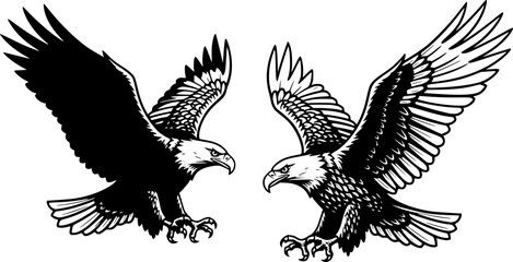 Obraz premium Two eagles in flight depicted in black and white with one in silhouette and one with detail showing feathers editable vector