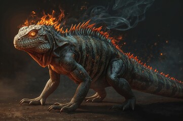 Obraz premium A large iguana with flames emanating from its head and back standing in a dark environment
