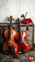 Naklejka premium Vintage Violins Resting on Antique Wooden Chest Musical Instrument Still Life Photography