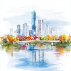 Fototapeta premium A serene watercolor painting depicts a cityscape reflection in tranquil waters with autumnal trees lining a bridge amidst the bustling city's high-rise buildings.