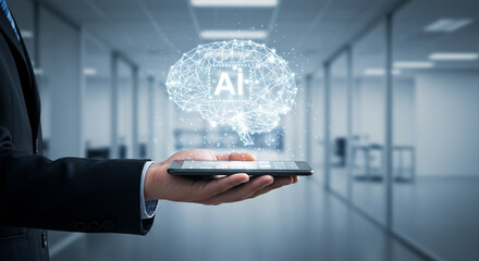 Businessman Holding Tablet with AI Brain Hologram – Artificial Intelligence Technology and Innovation Concept