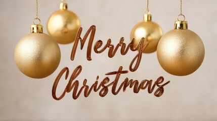 Three shiny gold Christmas baubles hanging on a gold string against a white background, festive decoration.