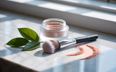 Natural Powder Makeup with Fresh Greens for a Natural Look.A high-angle, flat lay image of a container of loose powder makeup, a makeup brush, and fresh eucalyptus leaves on a light sage-green surface