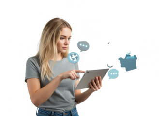 A blonde woman interacts with a tablet surrounded by digital icons on white isolated on transparent background