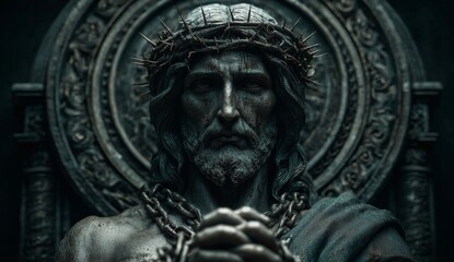 Jesus and the second coming of christ the redeemer, rises above the anunnaki aliens, demons and devil wining the final battle with AI as prophesied. Set in a dark sinister catholic setting.