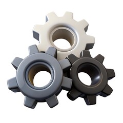Three interlocking gears in white grey and black isolated on white background