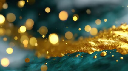 Abstract bokeh with shimmering gold and teal colors, creating a festive and luxurious atmosphere.