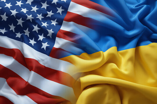 A flag of the United States and Ukraine is shown in a close up - Powered by Adobe