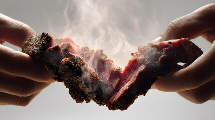 First-person view of hands pulling apart tender smoked meat, steam and texture emphasized, isolated on white background,