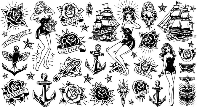 Illustration of vintage tattoo flash sheet with women, stars, ship, anchors and roses in old school style 